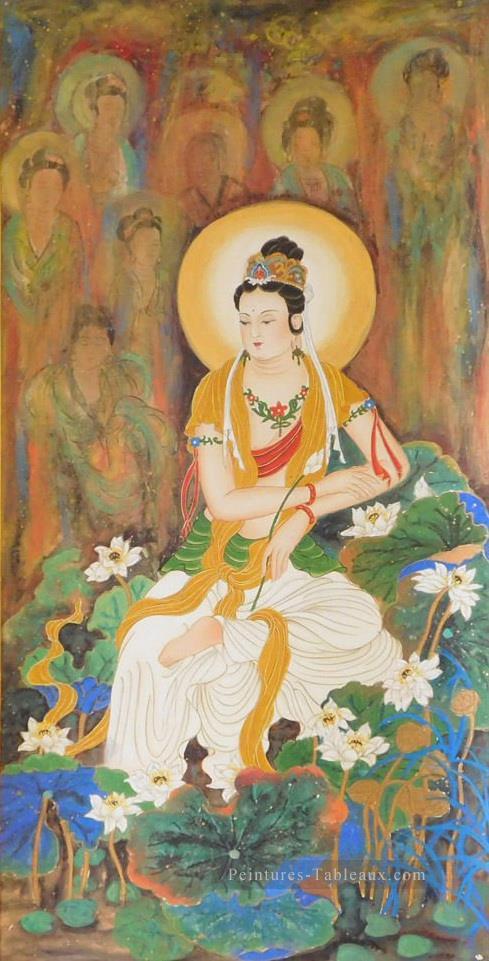 Lotus doré peint à la main Kwan Yin Bodhisattva bouddhisme Peintures à l'huile